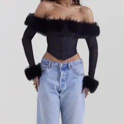 Corset Tops*Boogzel Clothing Y2K Fuzzy Off Shoulder Top Black