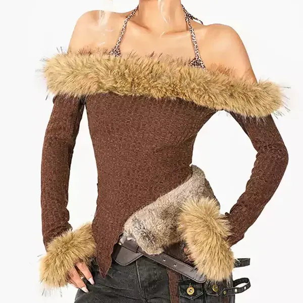 Y2K Tops|Long Sleeve Tops*Boogzel Clothing Y2K Fuzzy Off-Shoulder Top Brown