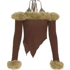 Y2K Tops|Long Sleeve Tops*Boogzel Clothing Y2K Fuzzy Off-Shoulder Top Brown