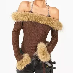Y2K Tops|Long Sleeve Tops*Boogzel Clothing Y2K Fuzzy Off-Shoulder Top Brown