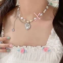 Necklaces & Chokers*Boogzel Clothing Y2K Heart Bow Pendant Necklace Pink