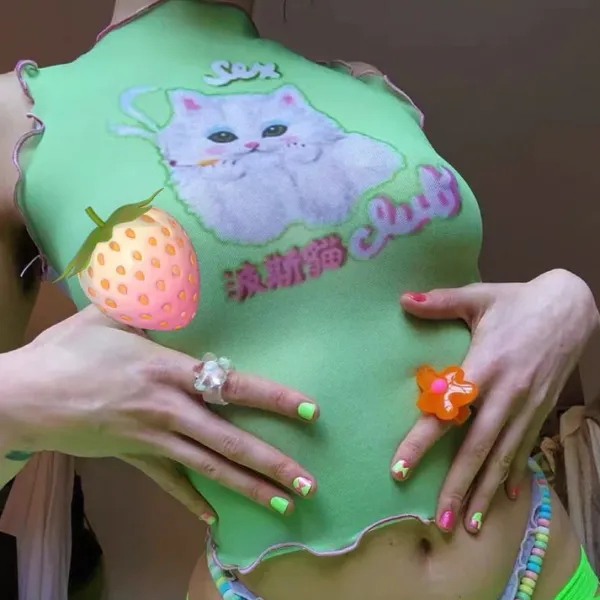 Y2K Tops*Boogzel Clothing Y2K Kitty Crop Top Green