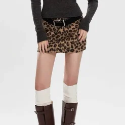 Skirts*Boogzel Clothing Y2K Leopard Fuzzy Mini Skirt Brown