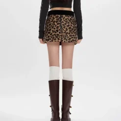 Skirts*Boogzel Clothing Y2K Leopard Fuzzy Mini Skirt Brown