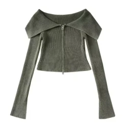 Sweaters|Y2K Tops*Boogzel Clothing Y2K Off-Shoulder Zip-Up Top