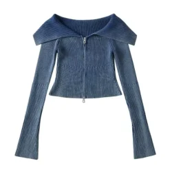 Sweaters|Y2K Tops*Boogzel Clothing Y2K Off-Shoulder Zip-Up Top