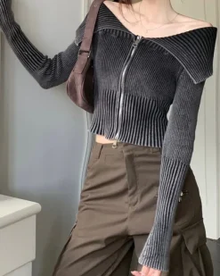 Sweaters|Y2K Tops*Boogzel Clothing Y2K Off-Shoulder Zip-Up Top