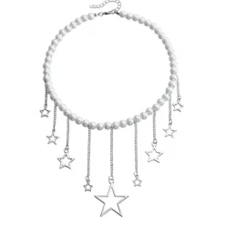 Necklaces & Chokers*Boogzel Clothing Y2K Pearl Necklace with Star Charms Silver