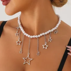 Necklaces & Chokers*Boogzel Clothing Y2K Pearl Necklace with Star Charms Silver