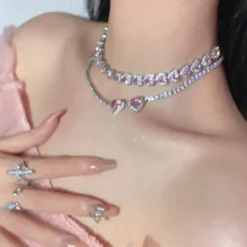 Necklaces & Chokers*Boogzel Clothing Y2K Heart Rhinestone Necklace Pink