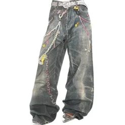 Jeans*Boogzel Clothing Y2K Printed Chain & Charm Baggy Jeans Blue