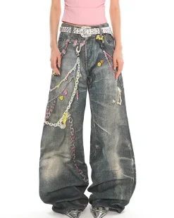 Jeans*Boogzel Clothing Y2K Printed Chain & Charm Baggy Jeans Blue