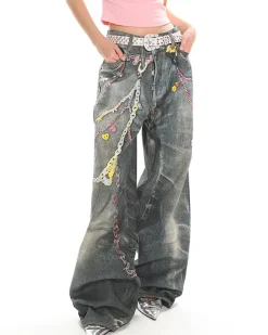Jeans*Boogzel Clothing Y2K Printed Chain & Charm Baggy Jeans Blue
