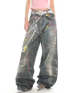 Jeans*Boogzel Clothing Y2K Printed Chain & Charm Baggy Jeans Blue