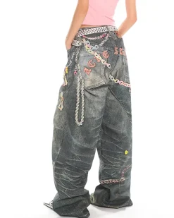Jeans*Boogzel Clothing Y2K Printed Chain & Charm Baggy Jeans Blue