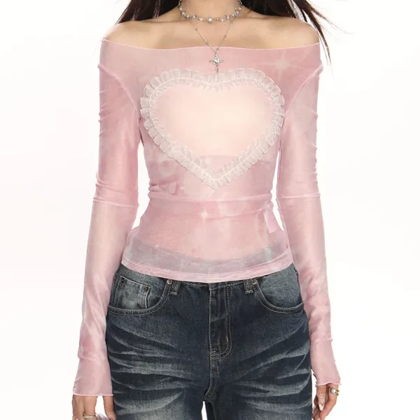 Y2K Tops|Long Sleeve Tops*Boogzel Clothing Y2K Ruffled Heart Long Sleeve Top Pink
