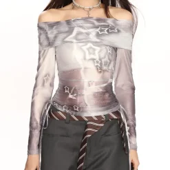 Y2K Tops|Long Sleeve Tops*Boogzel Clothing Y2K Star Mesh Off-Shoulder Long Sleeve Top Grey