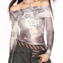 Y2K Tops|Long Sleeve Tops*Boogzel Clothing Y2K Star Mesh Off-Shoulder Long Sleeve Top Grey
