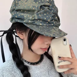 Hats*Boogzel Clothing Y2K Stars Denim Baker Boy Cap Blue