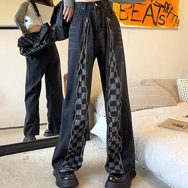 Jeans*Boogzel Clothing Zip Up Checker Jeans Black